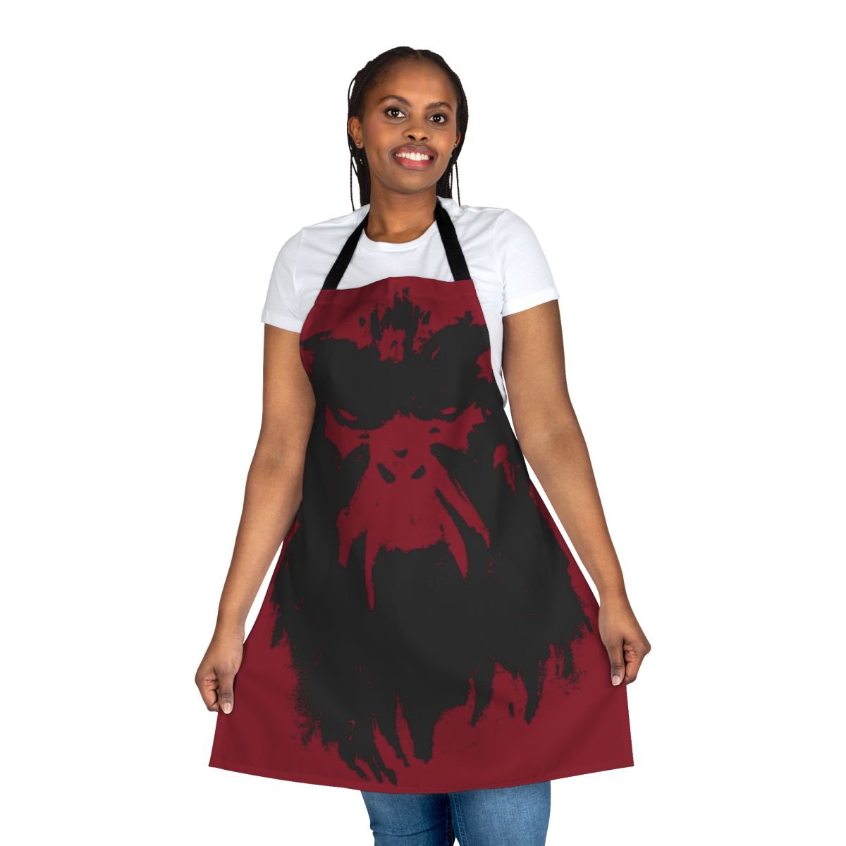 Black apron featuring a wall drawing design inspired by the cult film 12 Monkeys