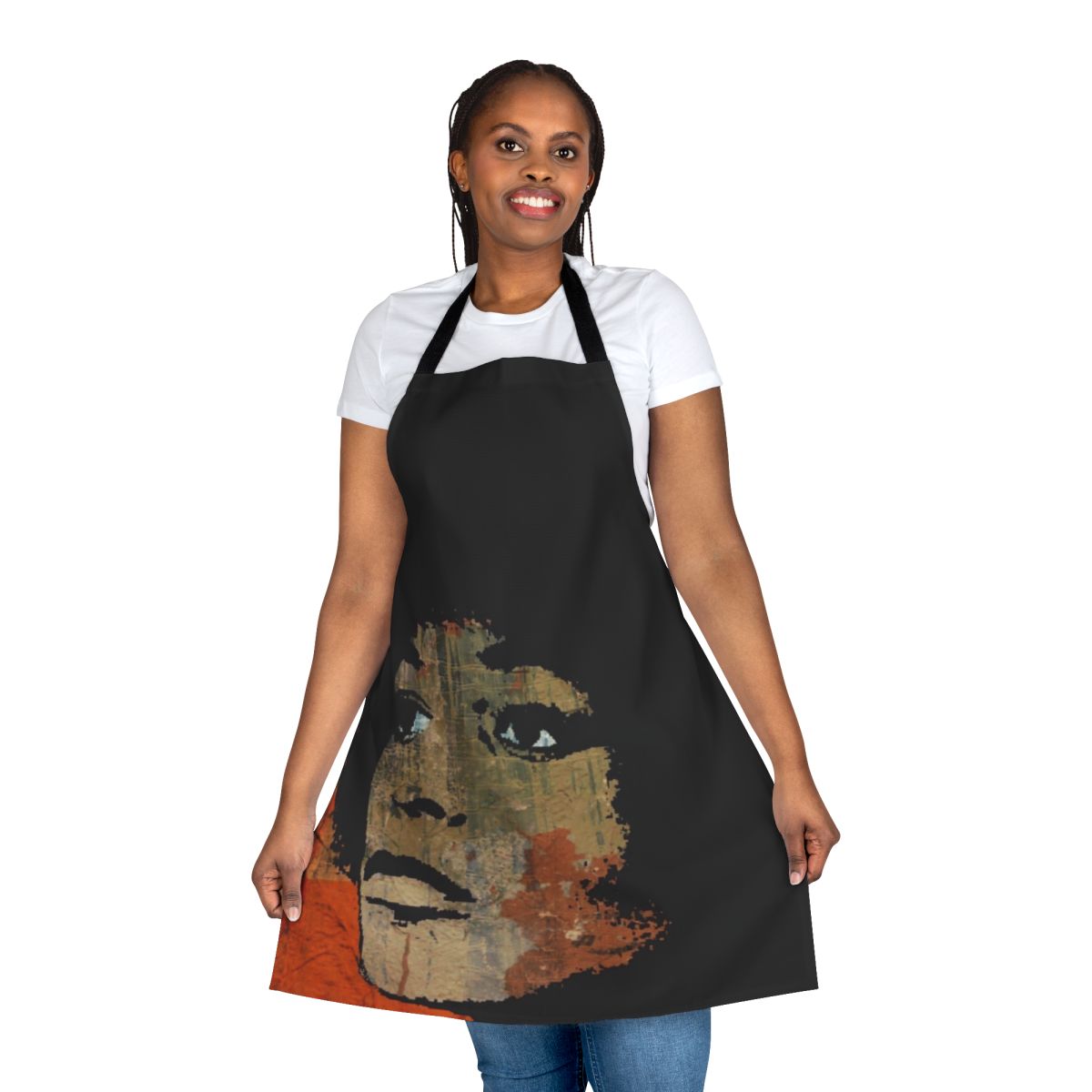 An apron featuring a pop art-style image of Angela Davis, the renowned American political activist and scholar.