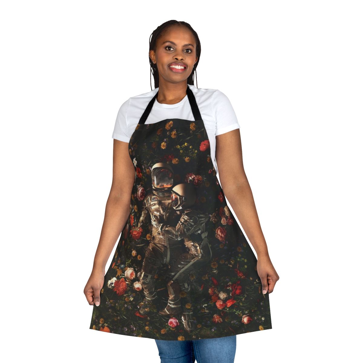 Intergalactic Cosmic Garden Apron featuring a surreal, space-themed floral design