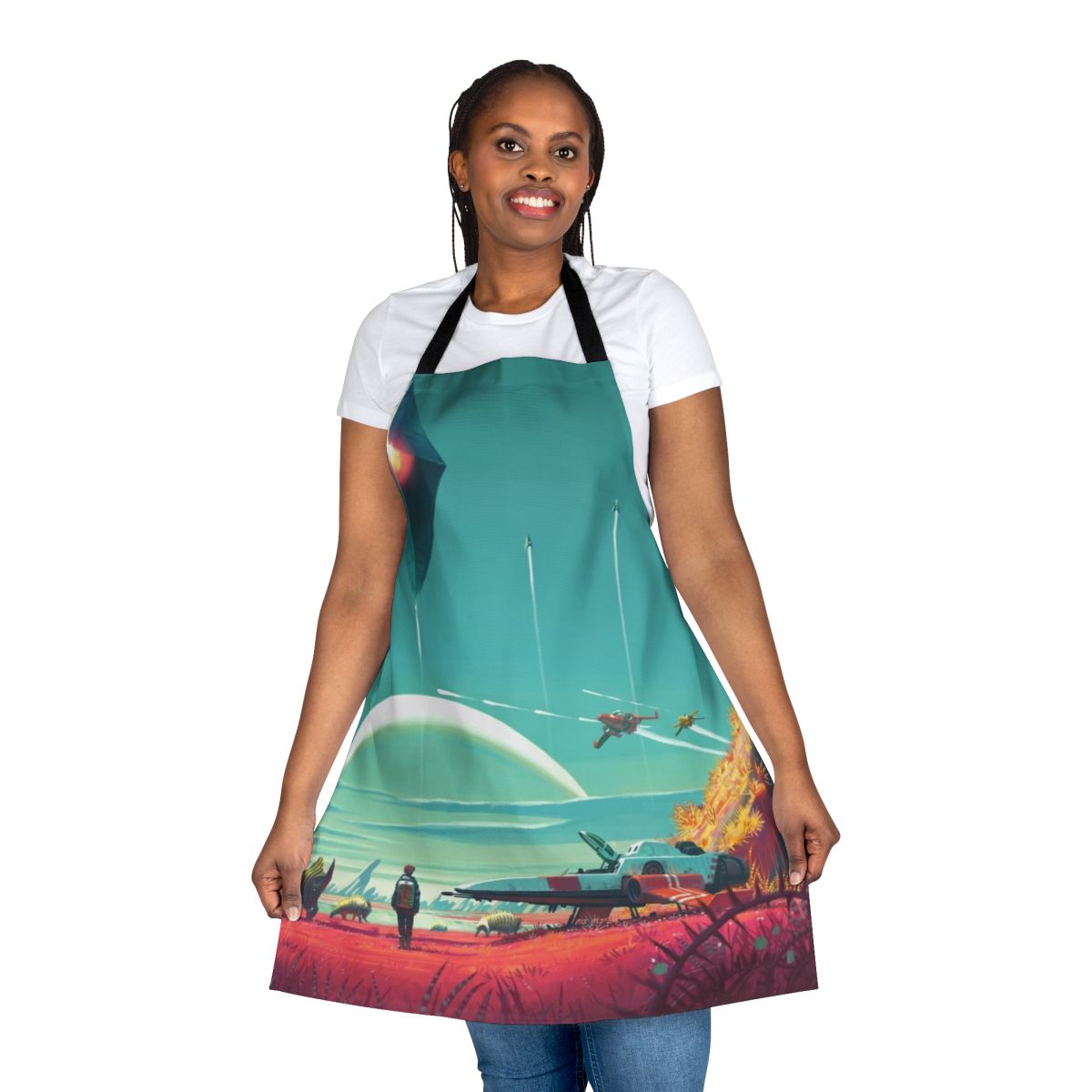 An apron featuring a spaceship and the words "No Man's Sky Horizon" against a starry background.