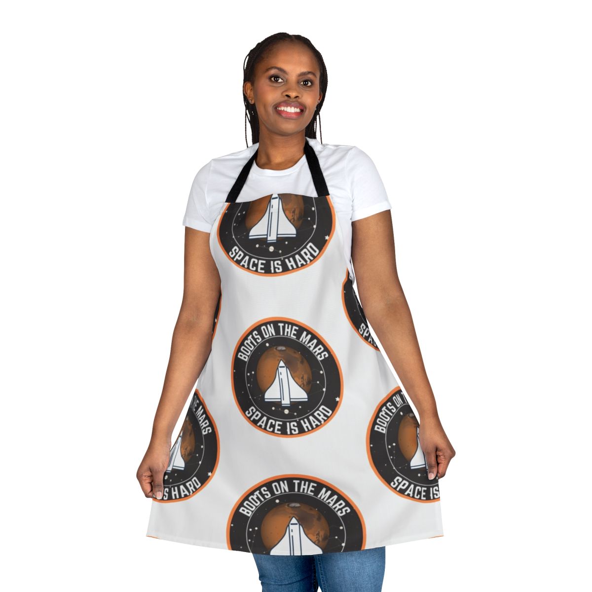 Intergalactic space boots inspired apron with rocket ship design