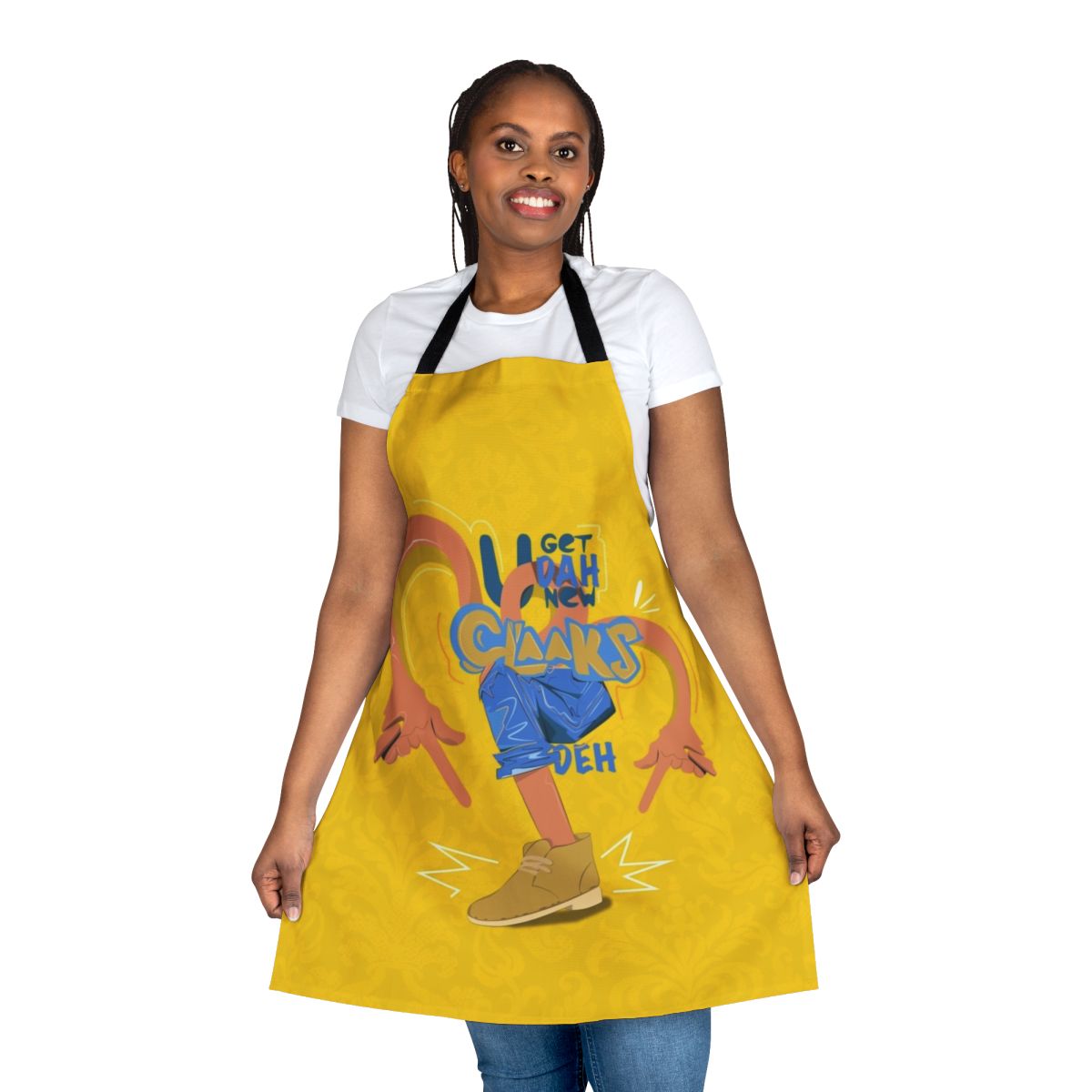 Jamaican-themed Clarks apron featuring dancehall and music-inspired design