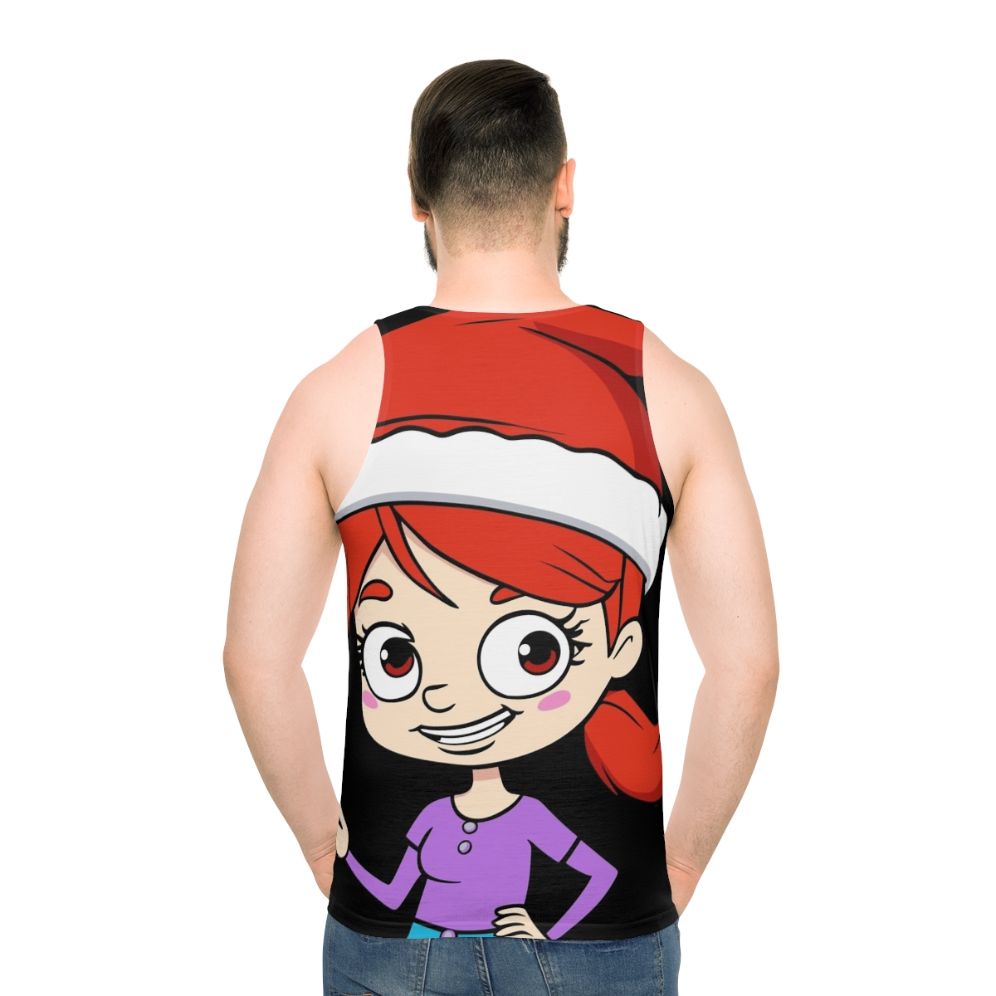 Jessi from the Netflix series Big Mouth wearing a Santa hat on a vibrant unisex tank top