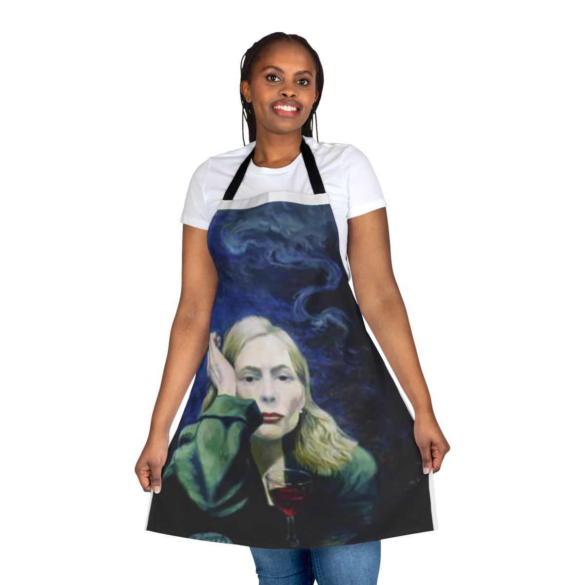 Colorful painting apron featuring Joni Mitchell's iconic "Both Sides Now" album cover art