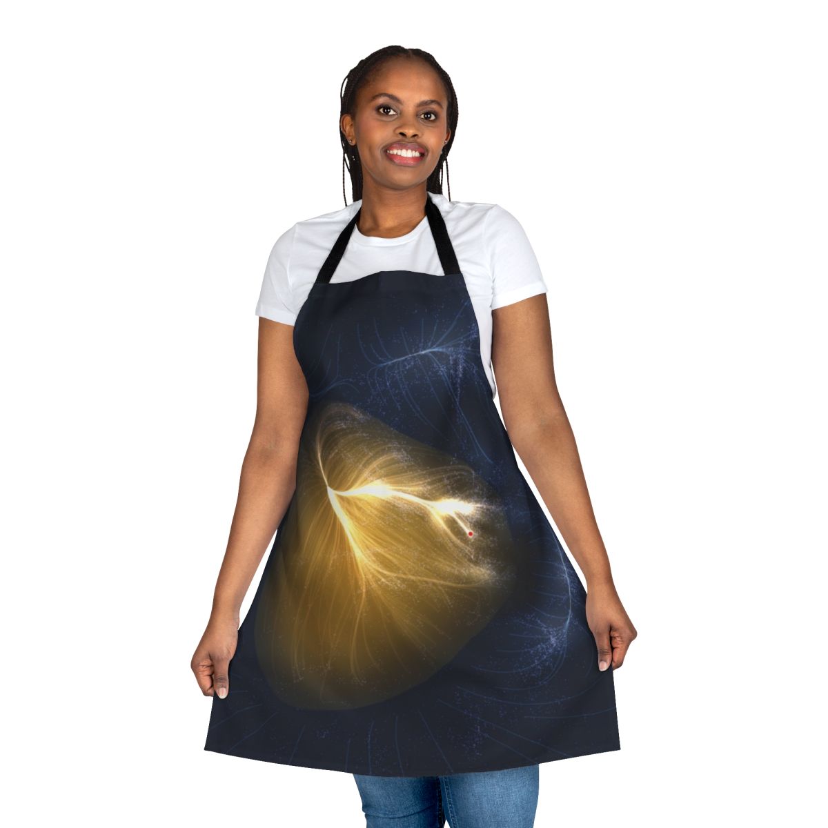 Apron featuring an artistic depiction of the Laniakea Supercluster, the cosmic structure containing the Milky Way galaxy.