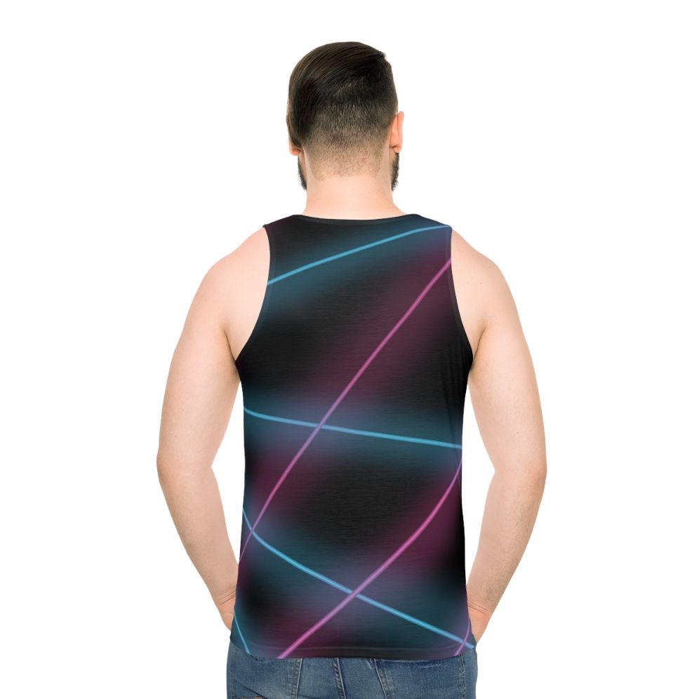 Unisex tank top with laser backdrop and 80s aesthetic