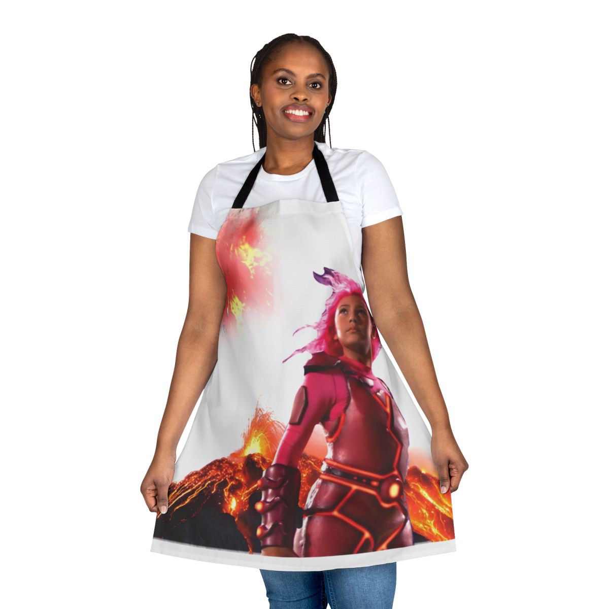 Person wearing a pink apron with a lava and volcano design, expressing the "Lavagirl" aesthetic.