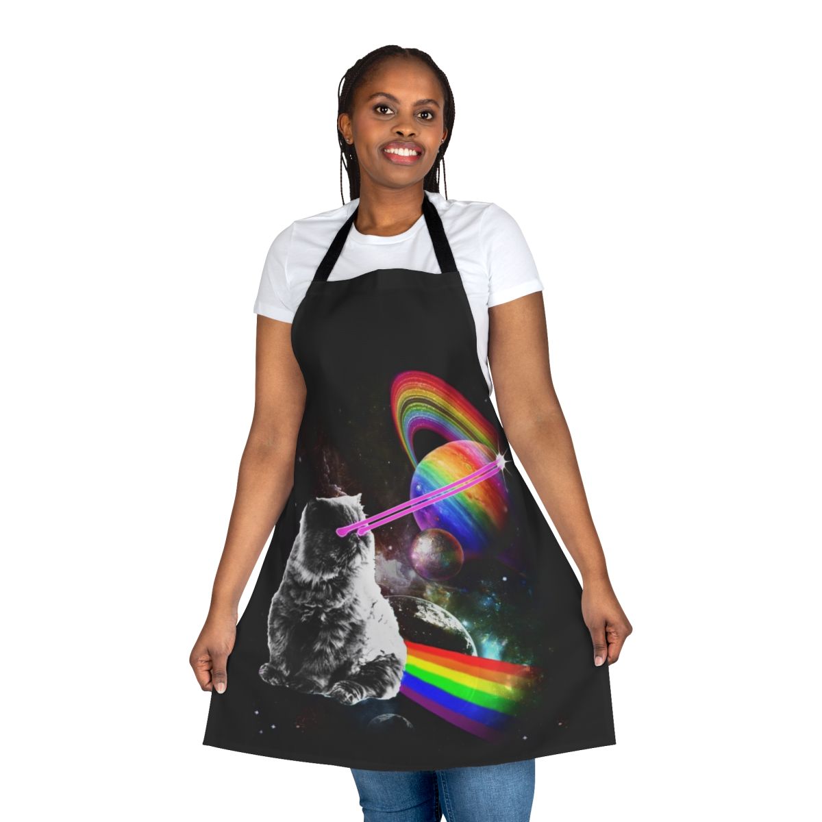 A stylish apron featuring a whimsical cat with laser eyes in a space-themed galaxy design.