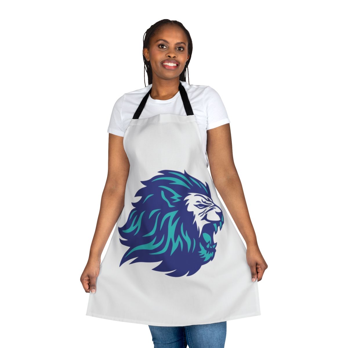 Blue lion animal power apron with a legendary animal print design