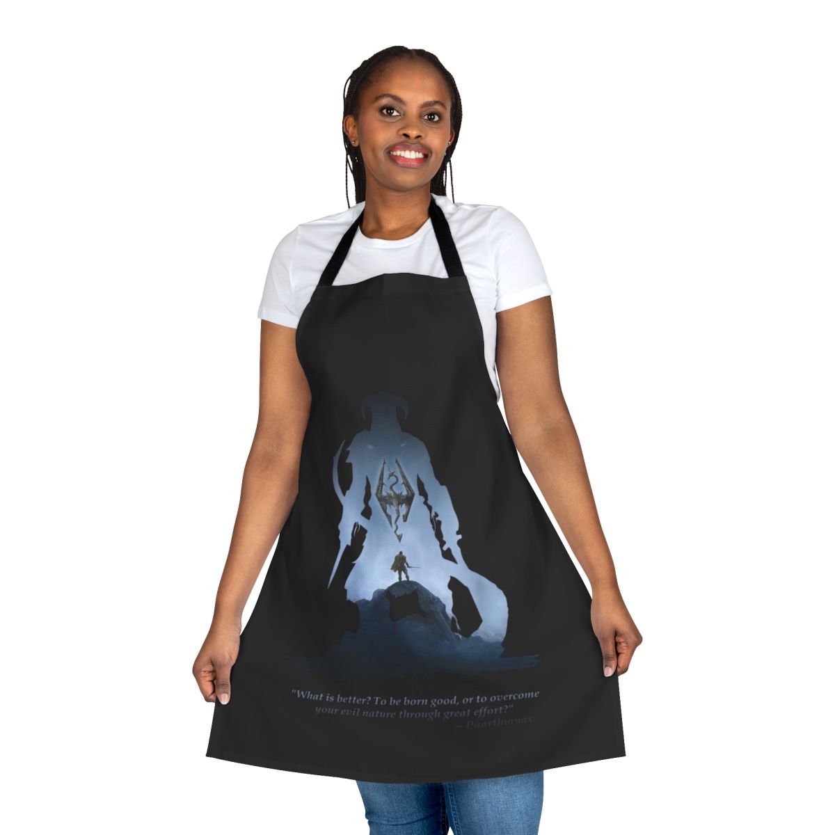 Dragonborn-themed apron with dragon and video game references