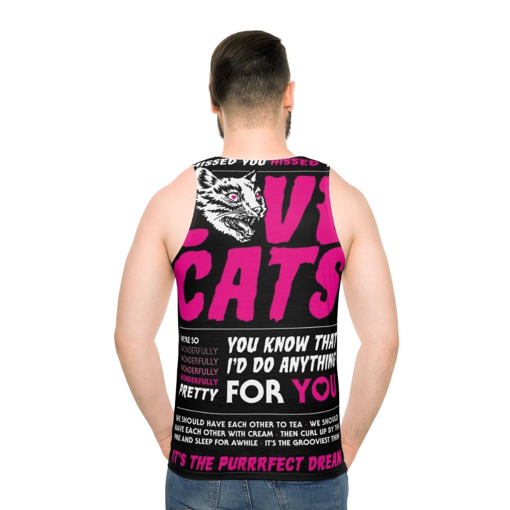 Unisex 'Love Cats' tank top featuring a graphic design with a cat and The Cure-inspired typography