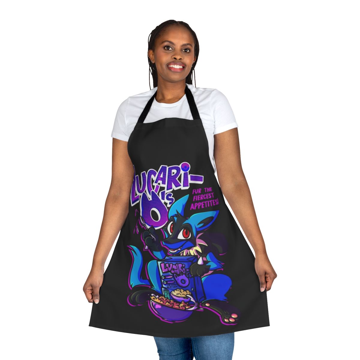 Lucari-inspired apron with purple, furry, and gaming elements