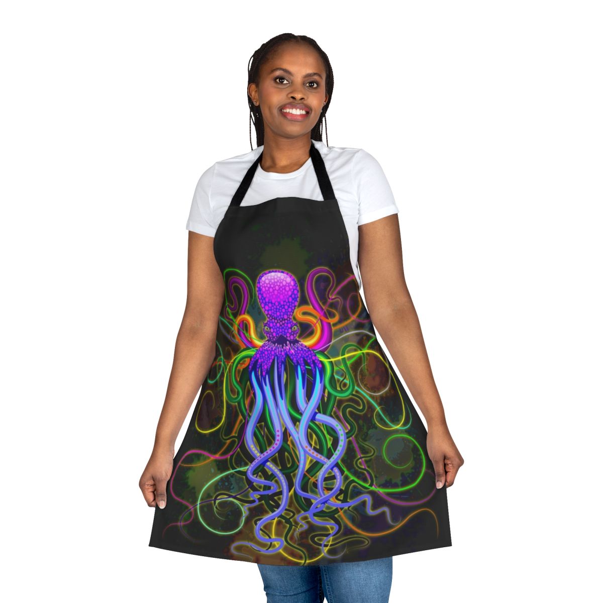 Vibrant, psychedelic octopus design on a kitchen apron, featuring glowing colors and tentacles.