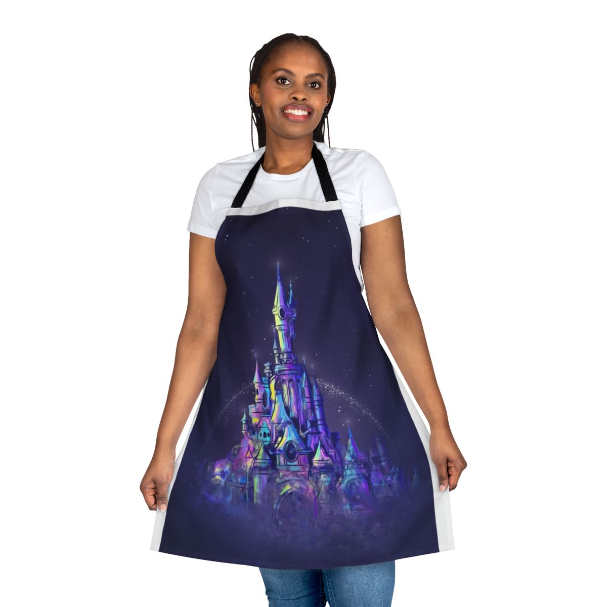 Watercolor painting of a fairy tale castle on a cooking apron