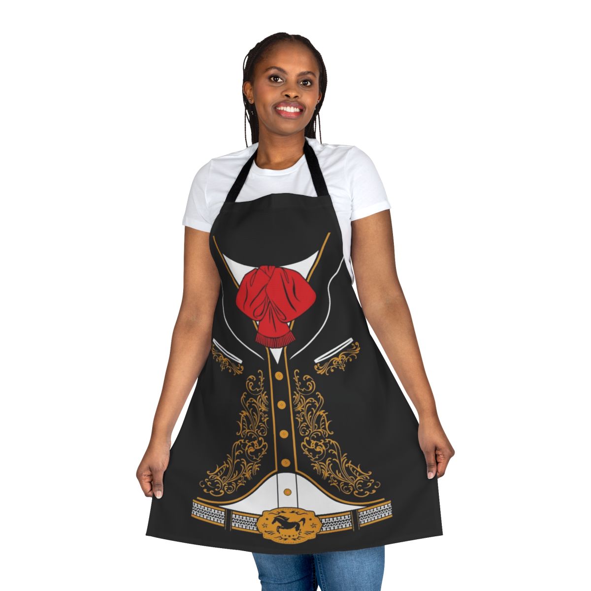 A stylish apron featuring a mariachi-inspired charro costume design.