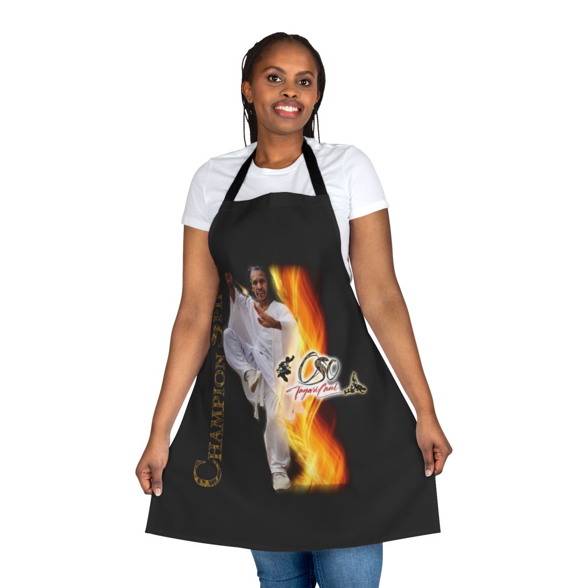 Martial arts inspired apron with a design featuring Oso Tayari Casel, a spiritual warrior symbol