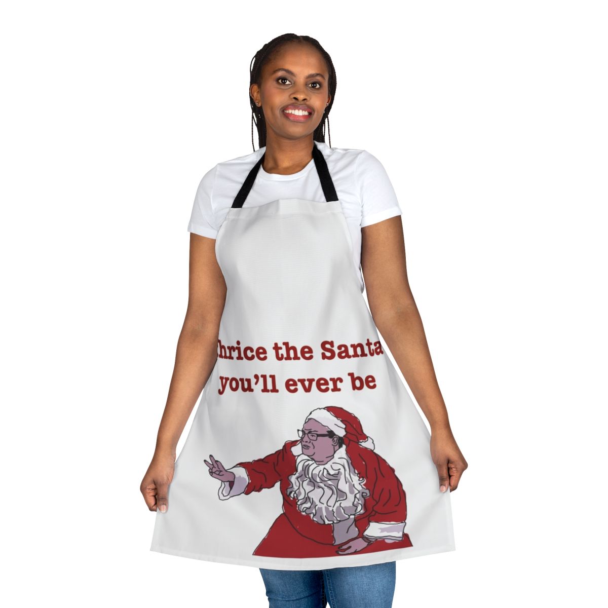 Matt Foley Christmas apron with Santa graphic and "Thrice the man" text