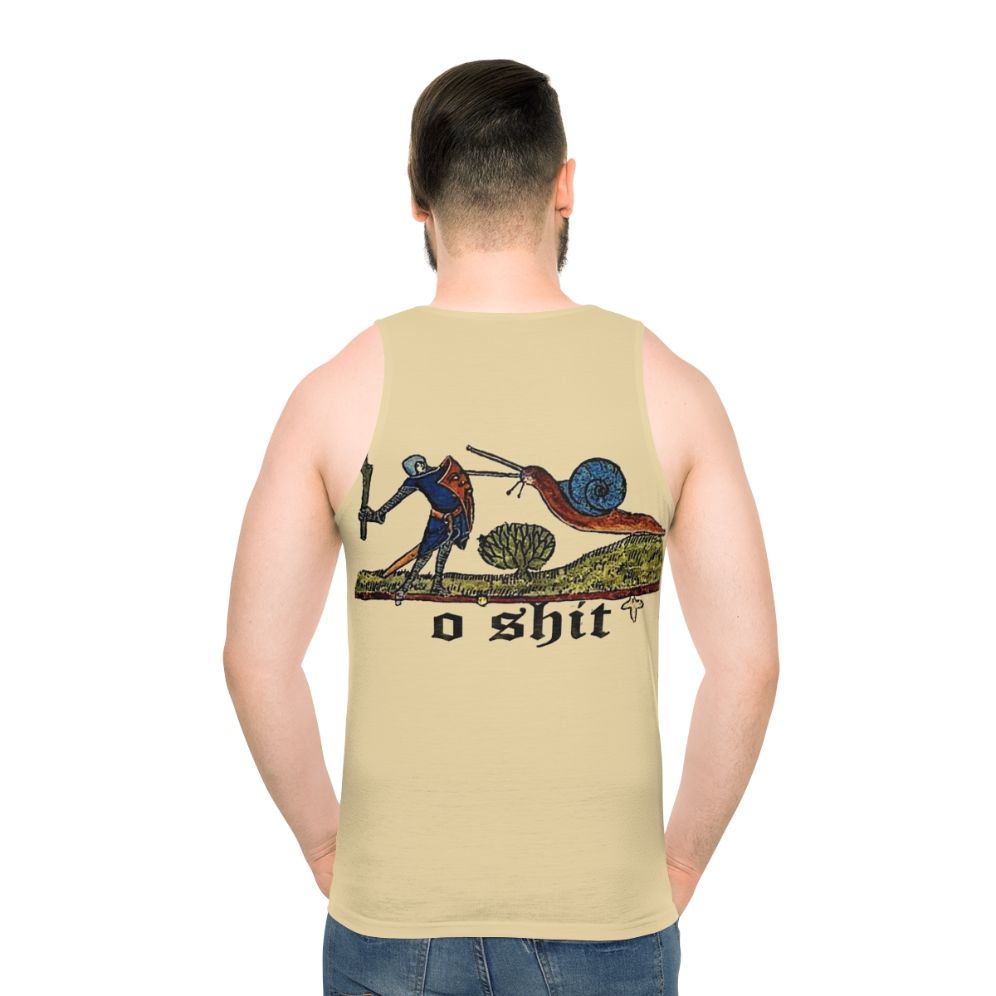 Medieval knight fighting a snail on a unisex tank top
