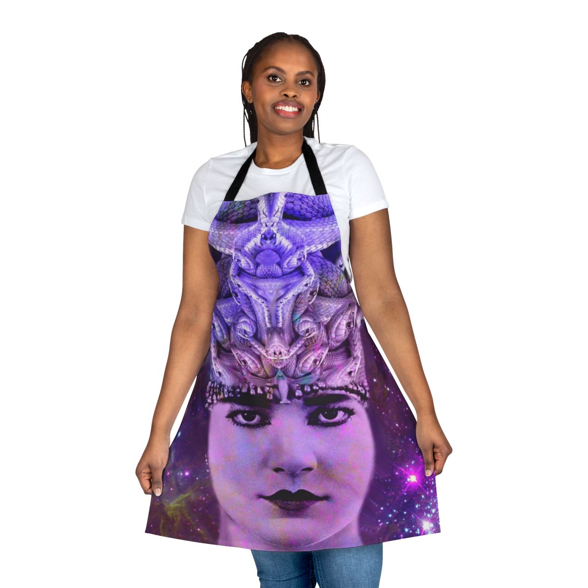 Medusa-themed apron with vibrant, abstract pattern