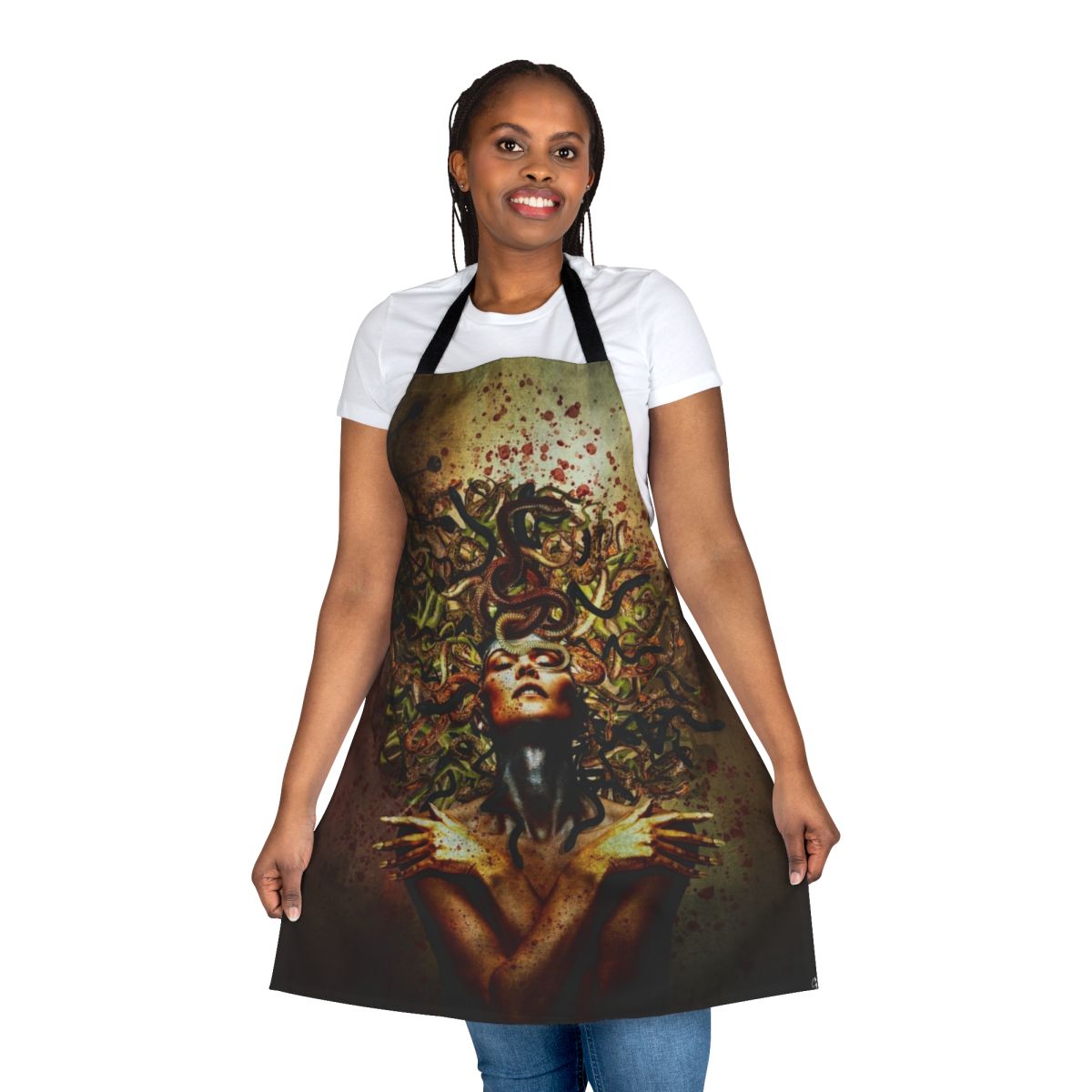 Striking Medusa-themed apron with snakes for hair, a unique surrealist design for the modern home.