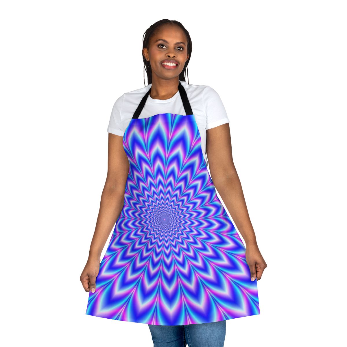 Psychedelic apron with a mesmerizing blue and pink pattern that creates an optical illusion effect