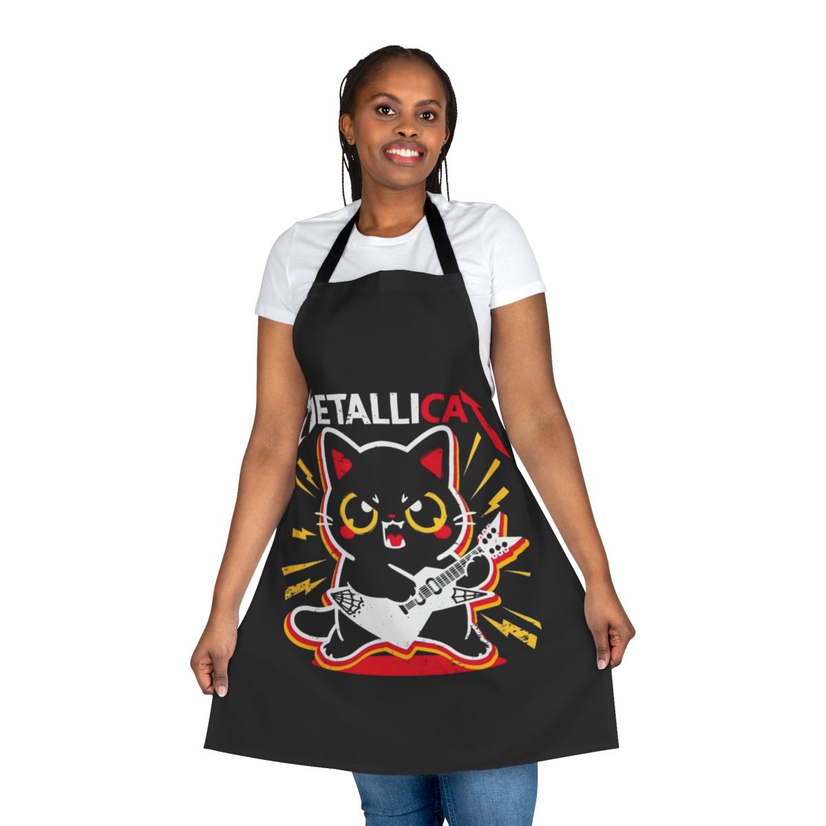 Metallic-finish apron featuring a kawaii metal-loving cat design, perfect for music fans