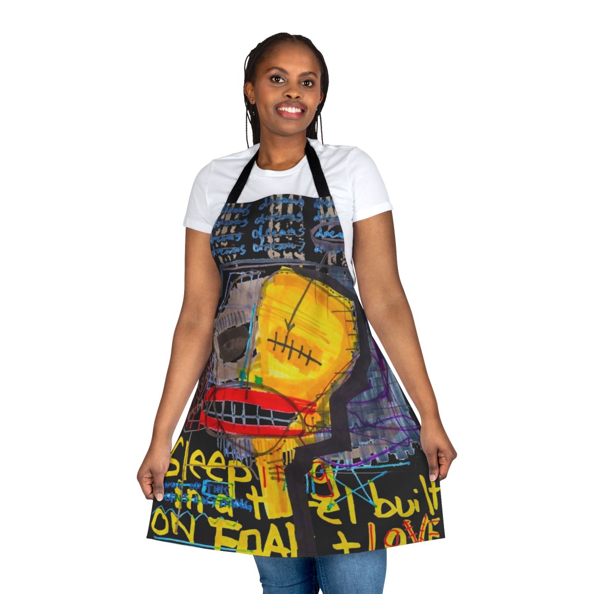 Stylized abstract art apron with the text "Sleeping In A Hotel Built On Fear And Love"