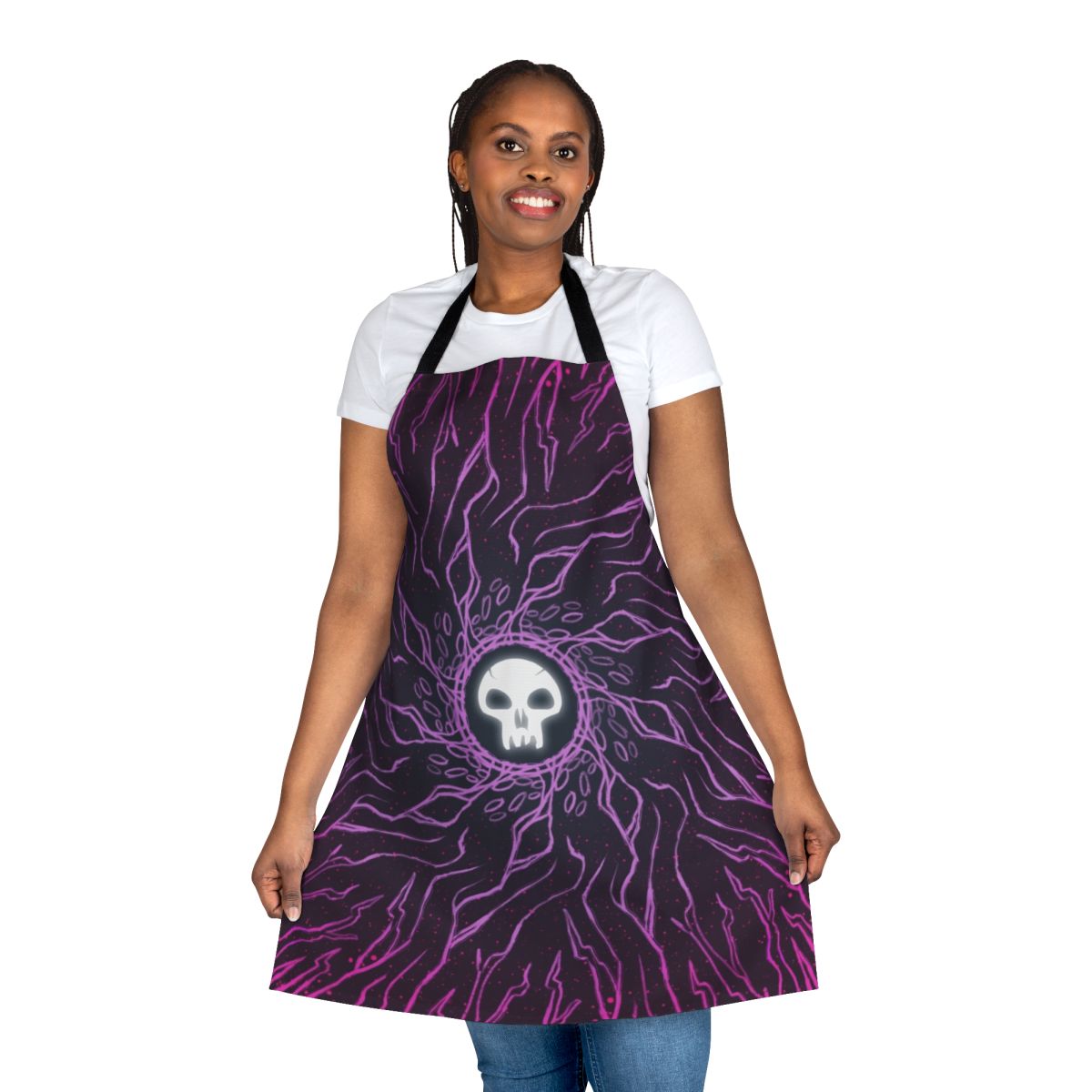 Minimalist black mana skull design printed on a high-quality apron for Magic the Gathering enthusiasts