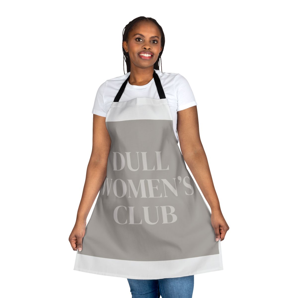 Minimalist apron with "Dull Women" slogan in stylish, muted colors