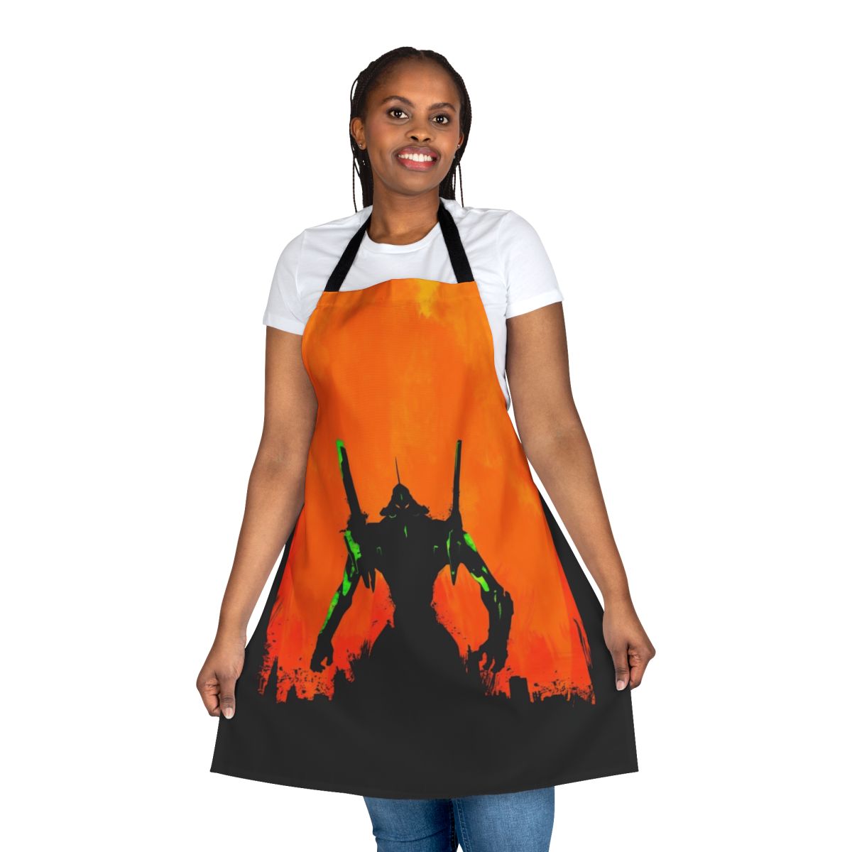 Minimalist silhouette design Evangelion-inspired apron, featuring characters and elements from the anime series