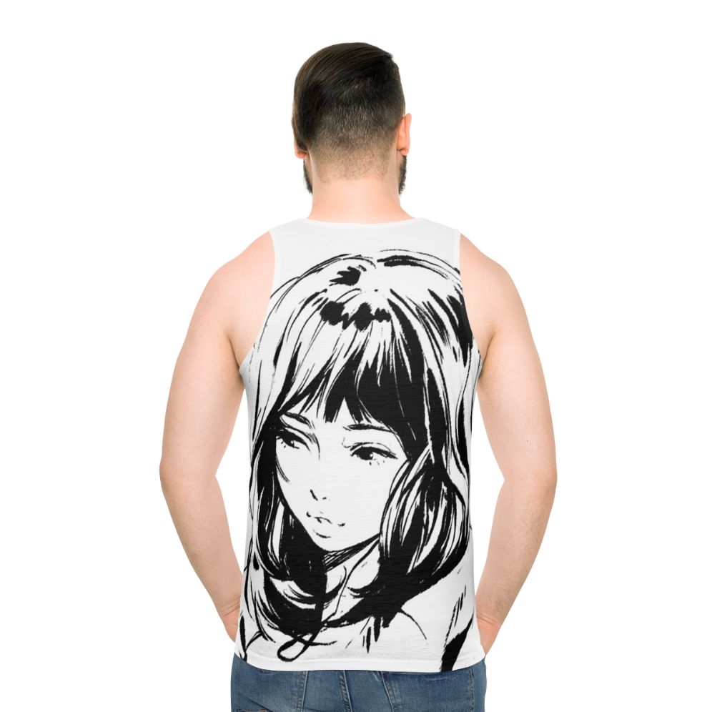 Unisex black and white tank top with minimalist anime-inspired design