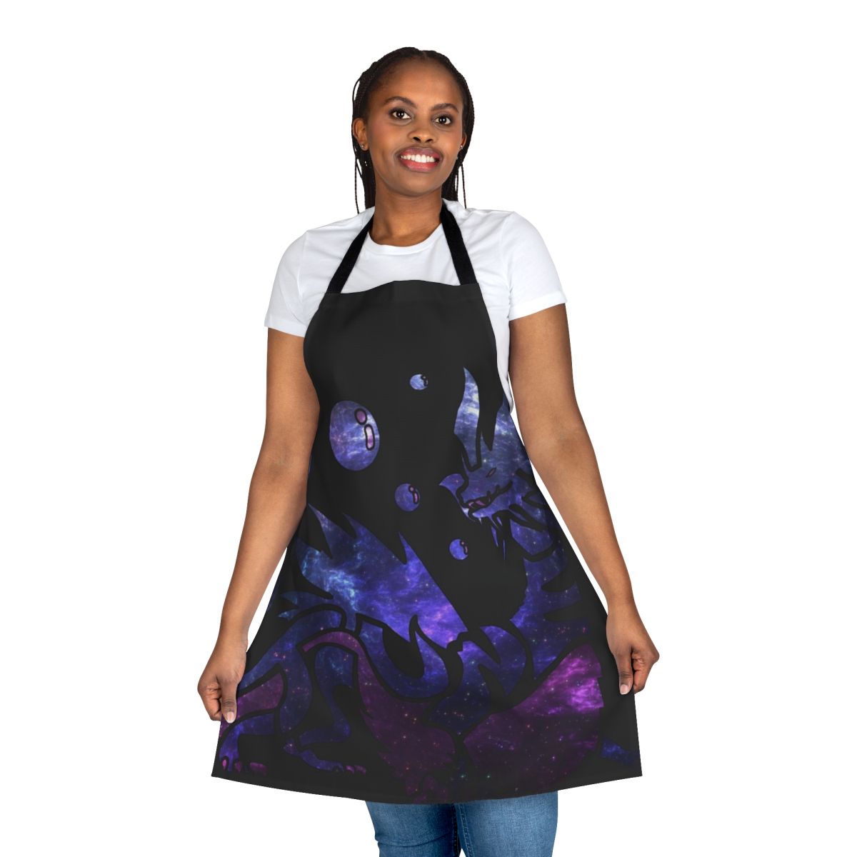 Mizutsune Galaxy Design Apron, featuring a minimalist space-themed design inspired by the Bubble Fox Wyvern from Monster Hunter World.