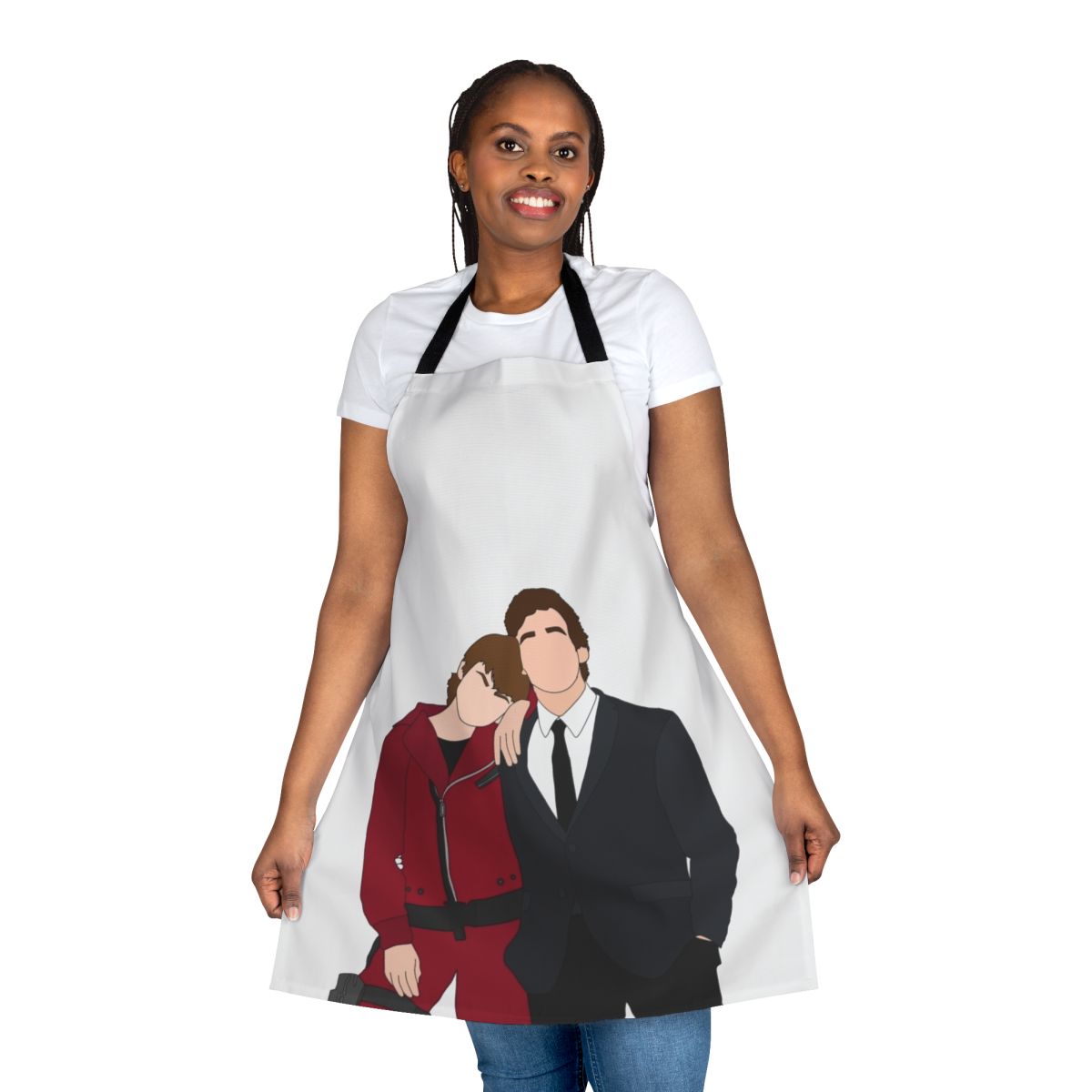 Money Heist-themed apron featuring characters Tokyo and Rio