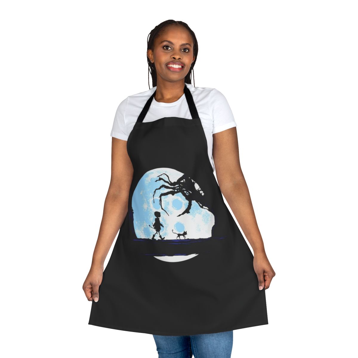 Moonwalk-inspired retro sci-fi apron with cat and nature elements