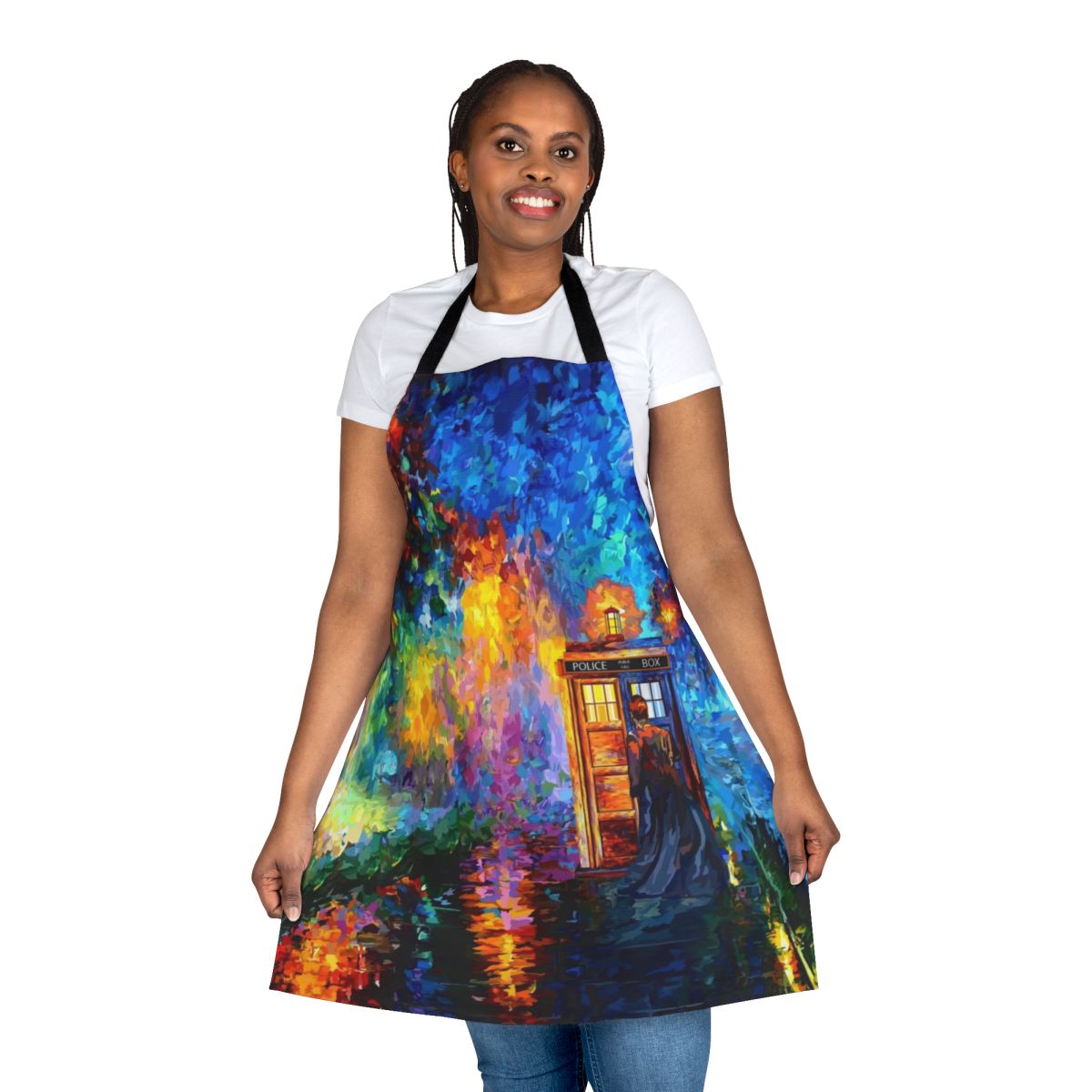 Apron featuring a mysterious figure in a Doctor Who-inspired rainbow dreamscape scene with a starry night sky, phone booth, and splashes of watercolor.