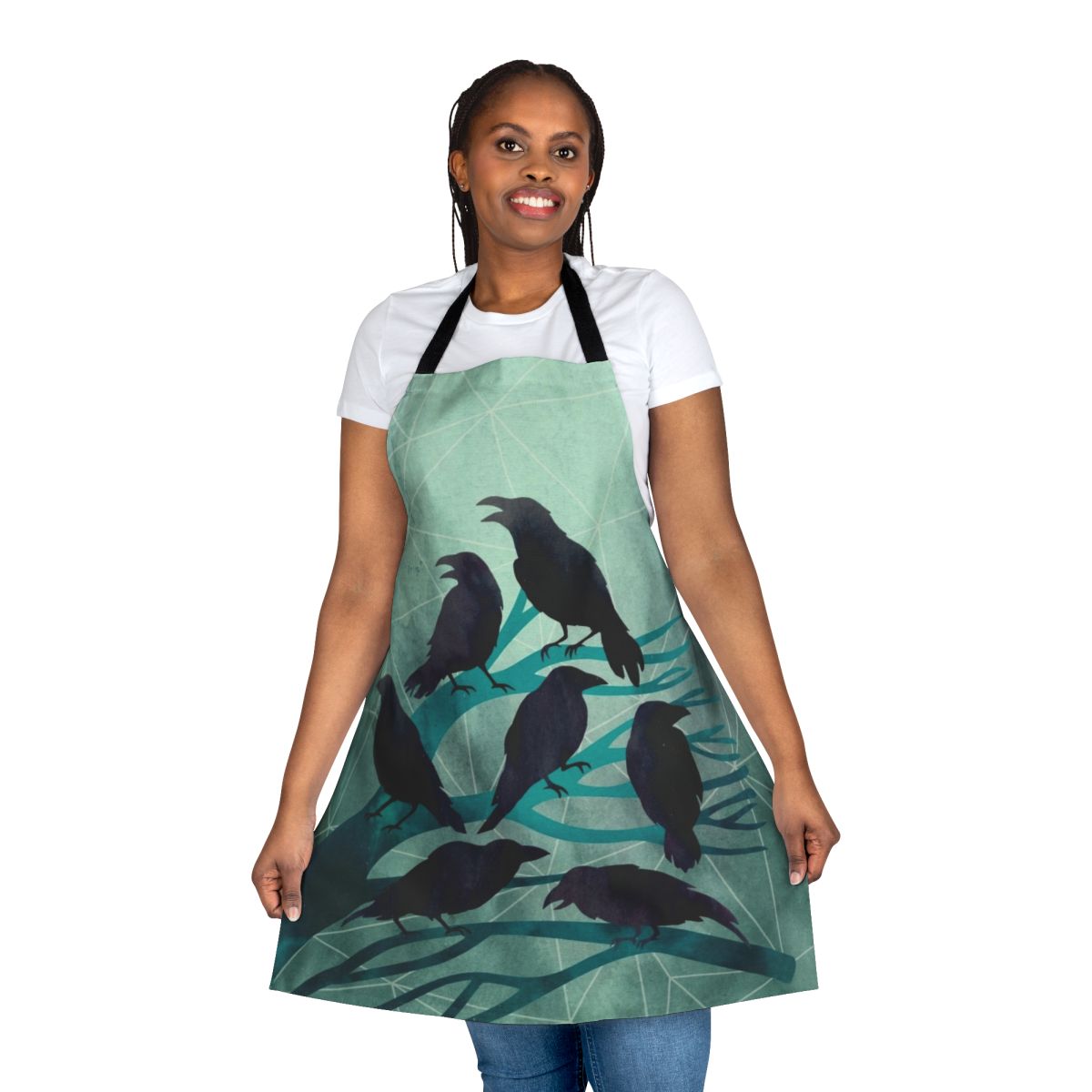 Mystical apron featuring a watercolor raven or crow against a moon and branch background