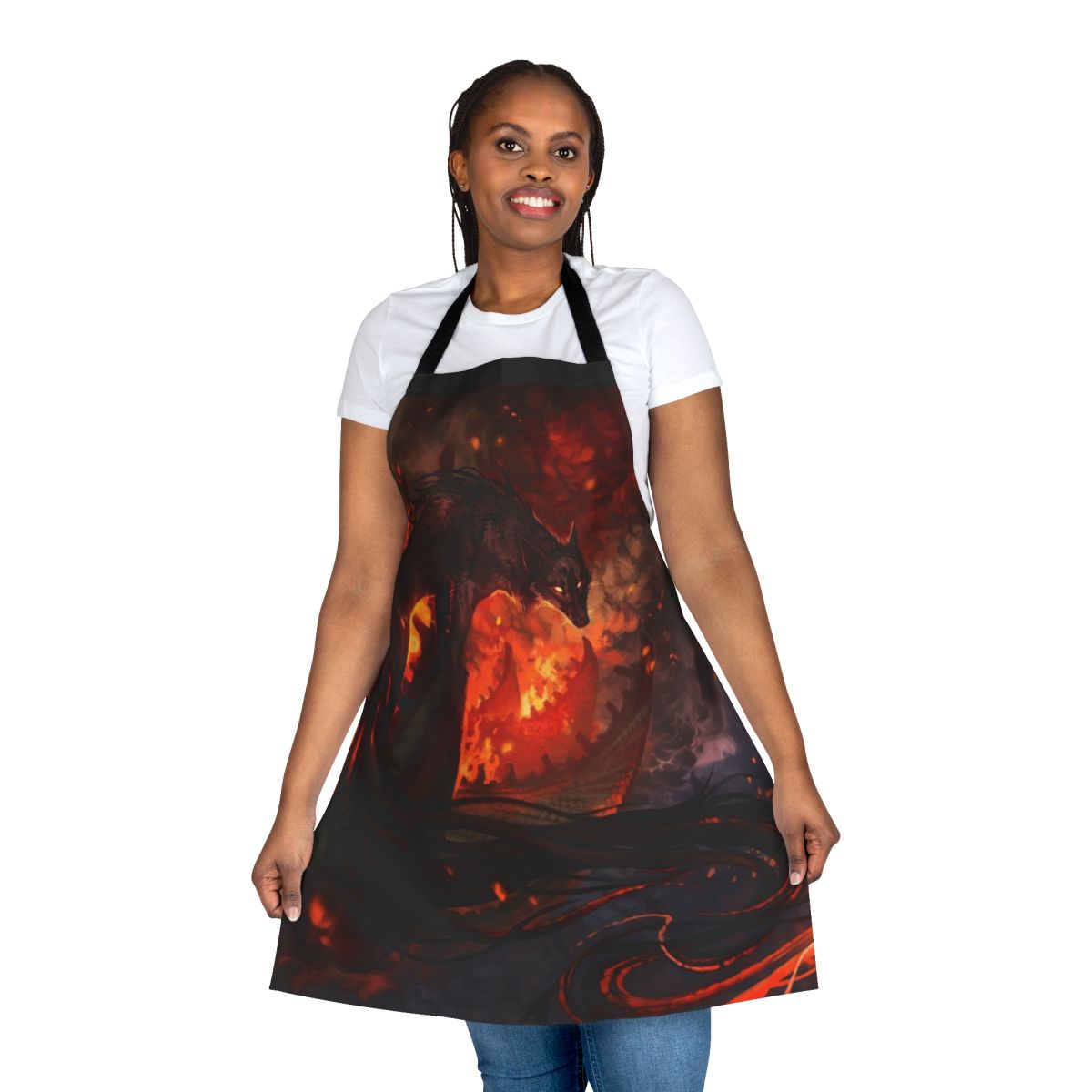 Mythical fire-themed apron with kitsune, demons, and foxes inspired by Asian legends and folklore