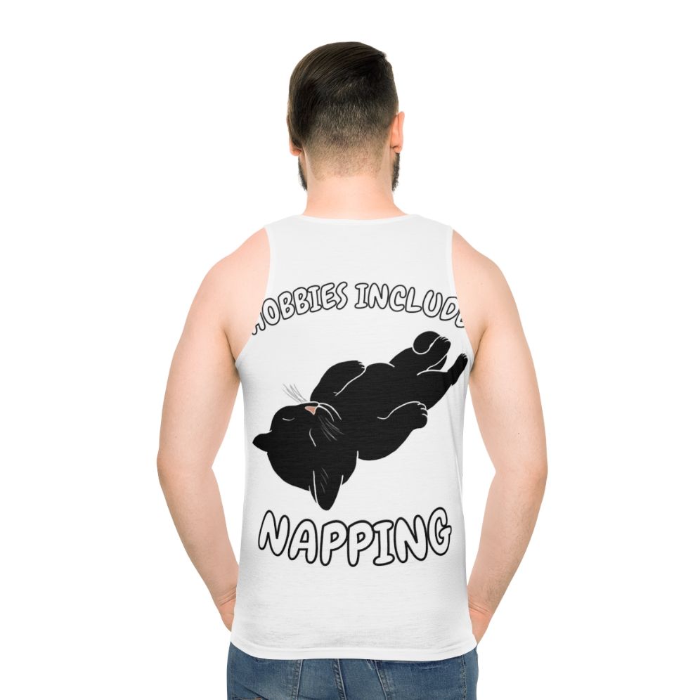 Unisex tank top with a black cat napping graphic
