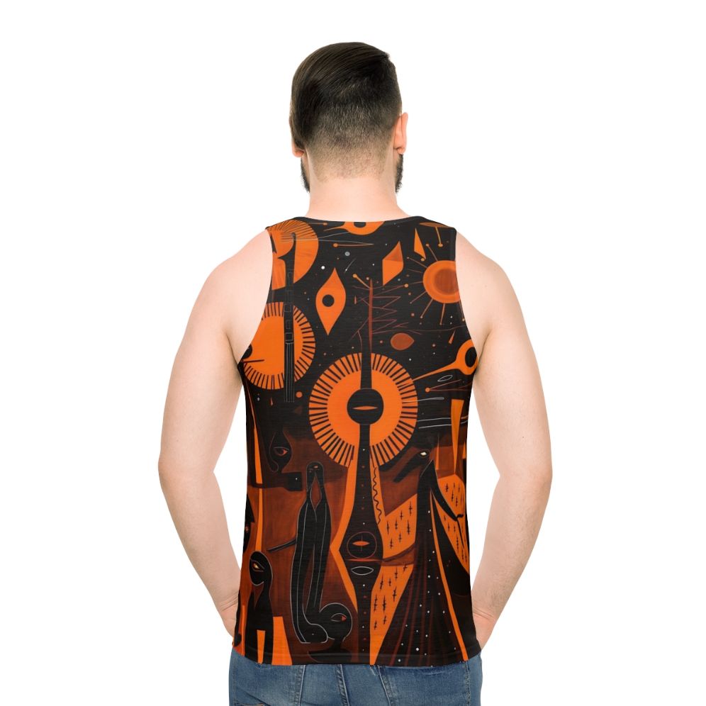 Unisex tank top with nature-inspired woodcut artwork featuring ancient spiritual symbols