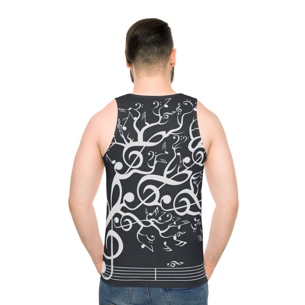 White unisex tank top with nature and music design