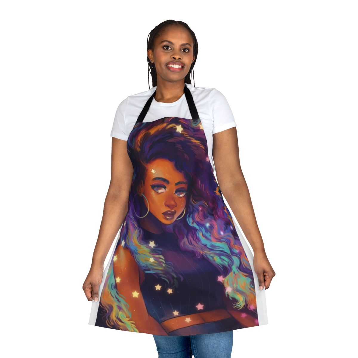 Nebula-inspired apron featuring a vibrant purple and black cosmic design
