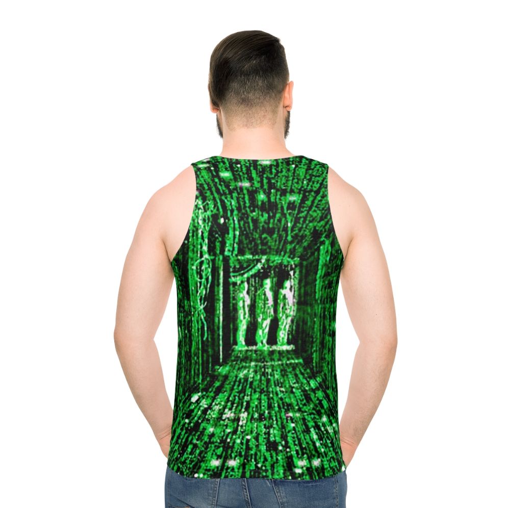 Neo from The Matrix wearing a red or blue pill unisex tank top