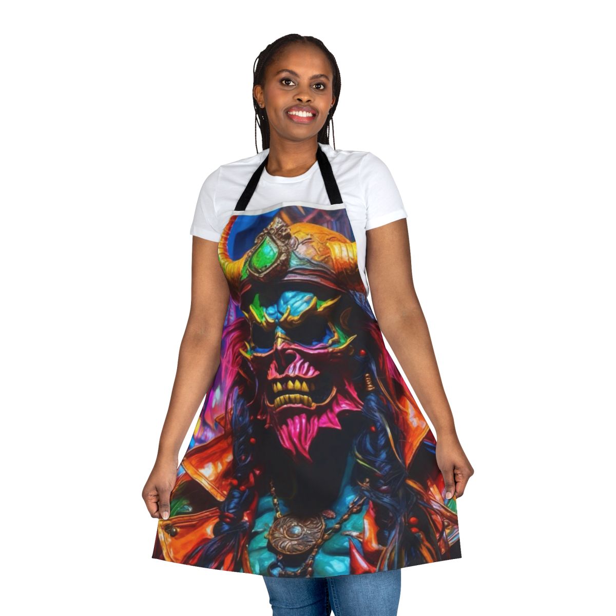 Neon pirate-themed apron with graffiti and horror-inspired design