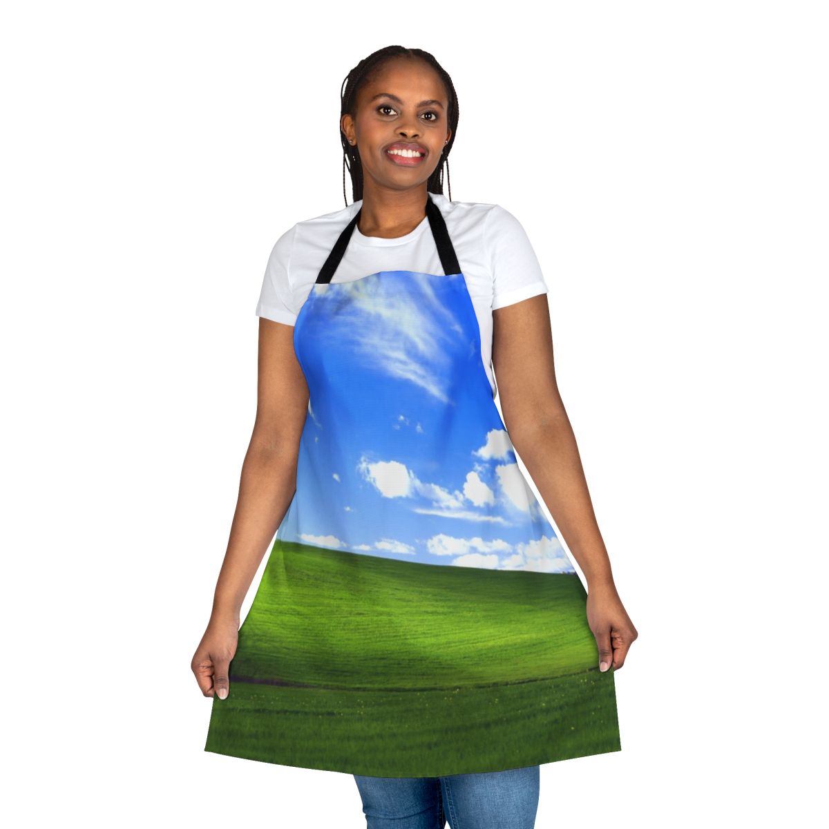 Windows XP default desktop background printed on a high-quality kitchen apron
