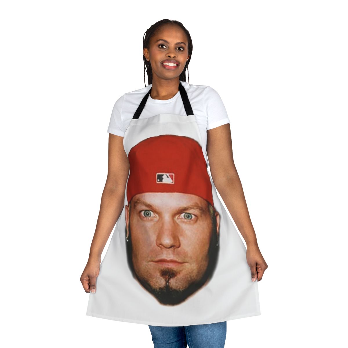 A high-quality apron featuring the iconic image of Fred Durst, the lead singer of the nu metal band Limp Bizkit.