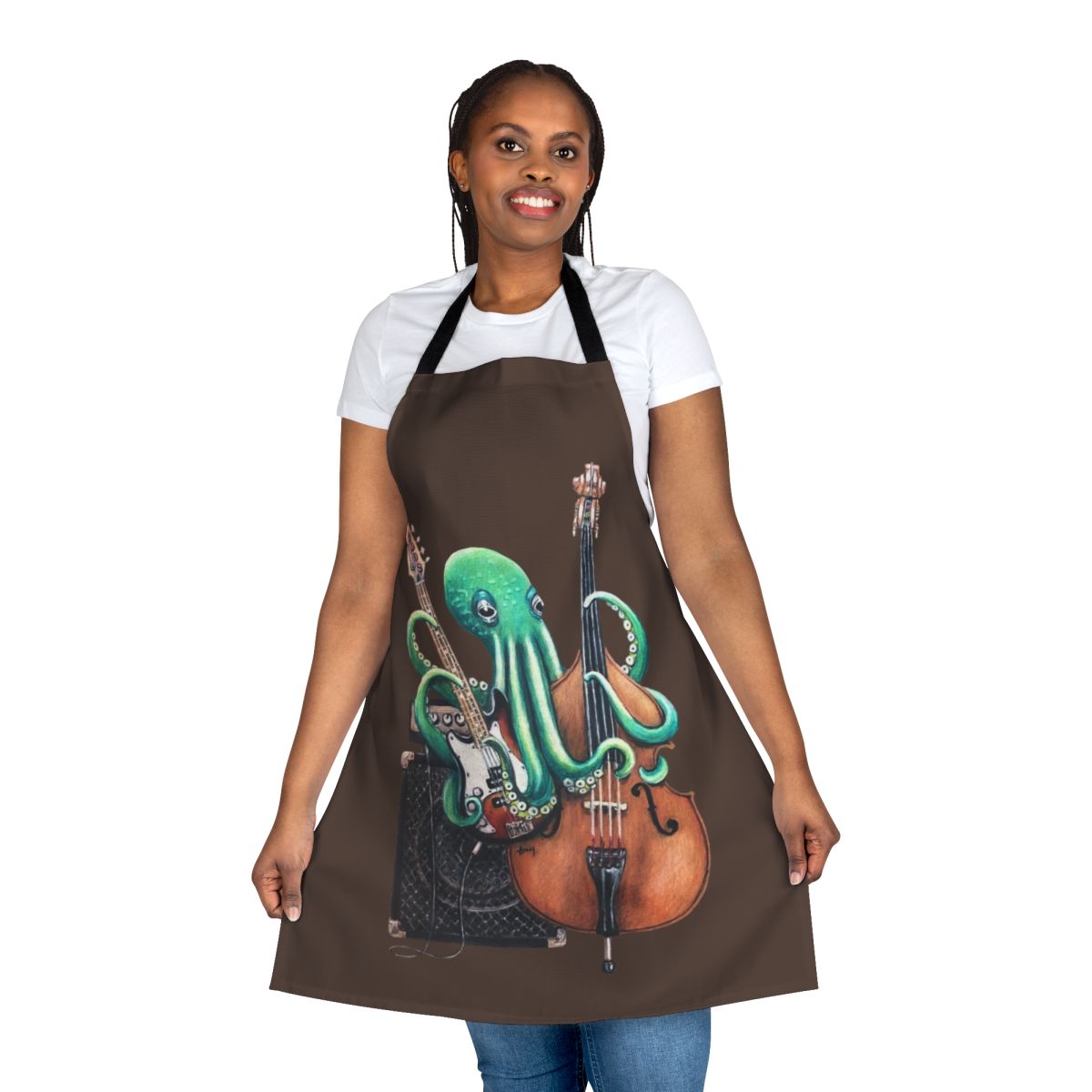 Octobass-themed apron with tentacles and musical notes