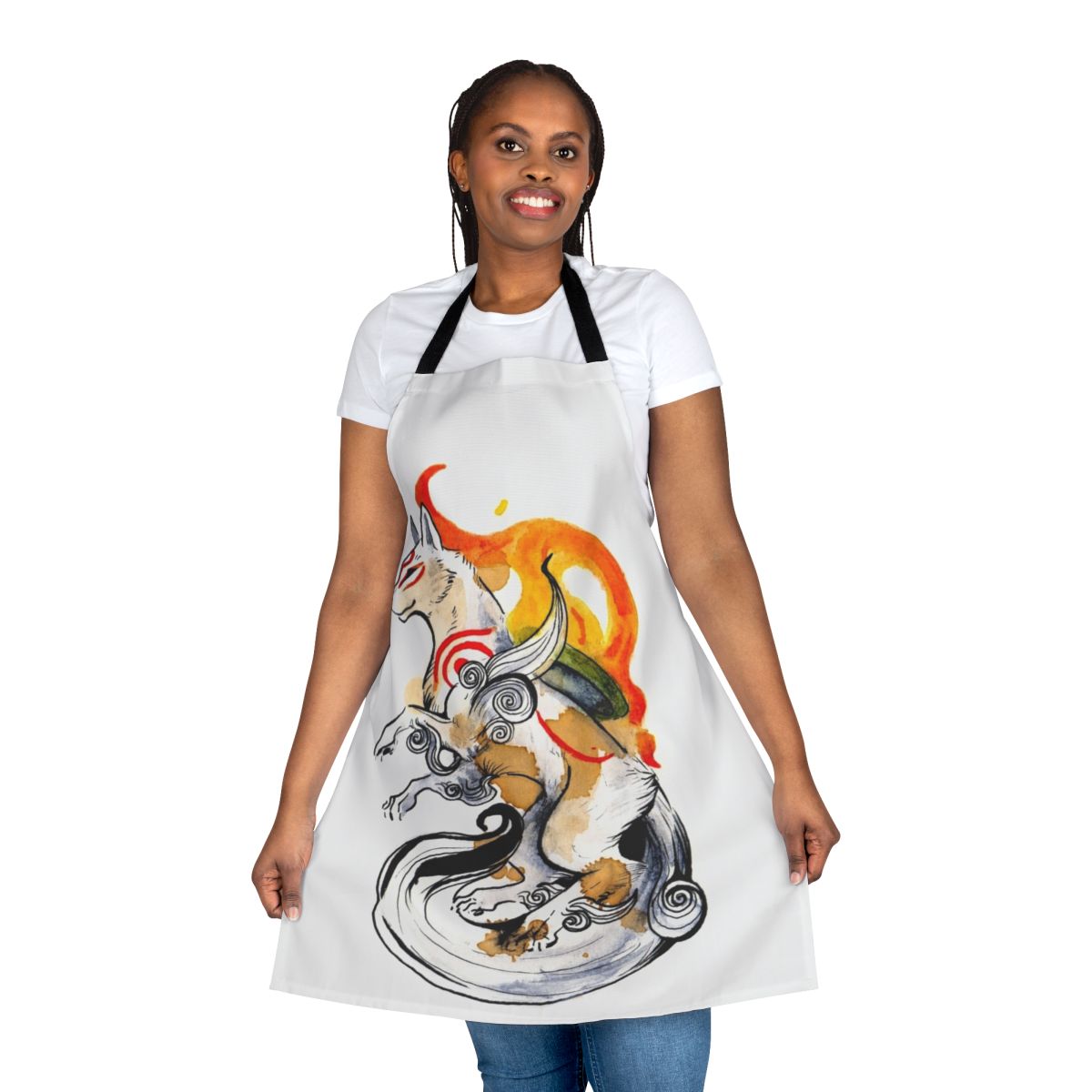 Okami-inspired wolf apron featuring the main character Amaterasu