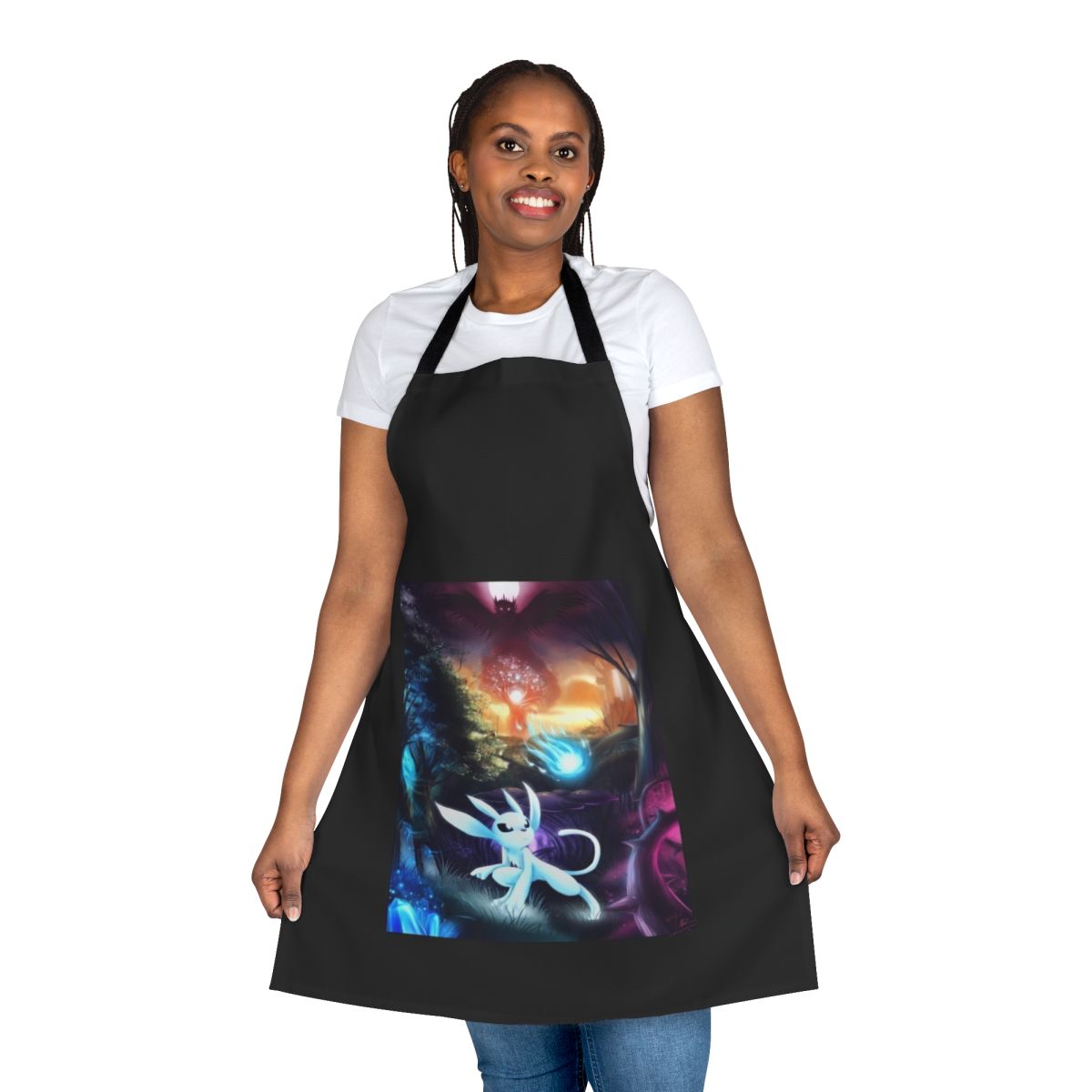Graphic apron featuring the characters and art from the video game Ori and the Will of the Wisps