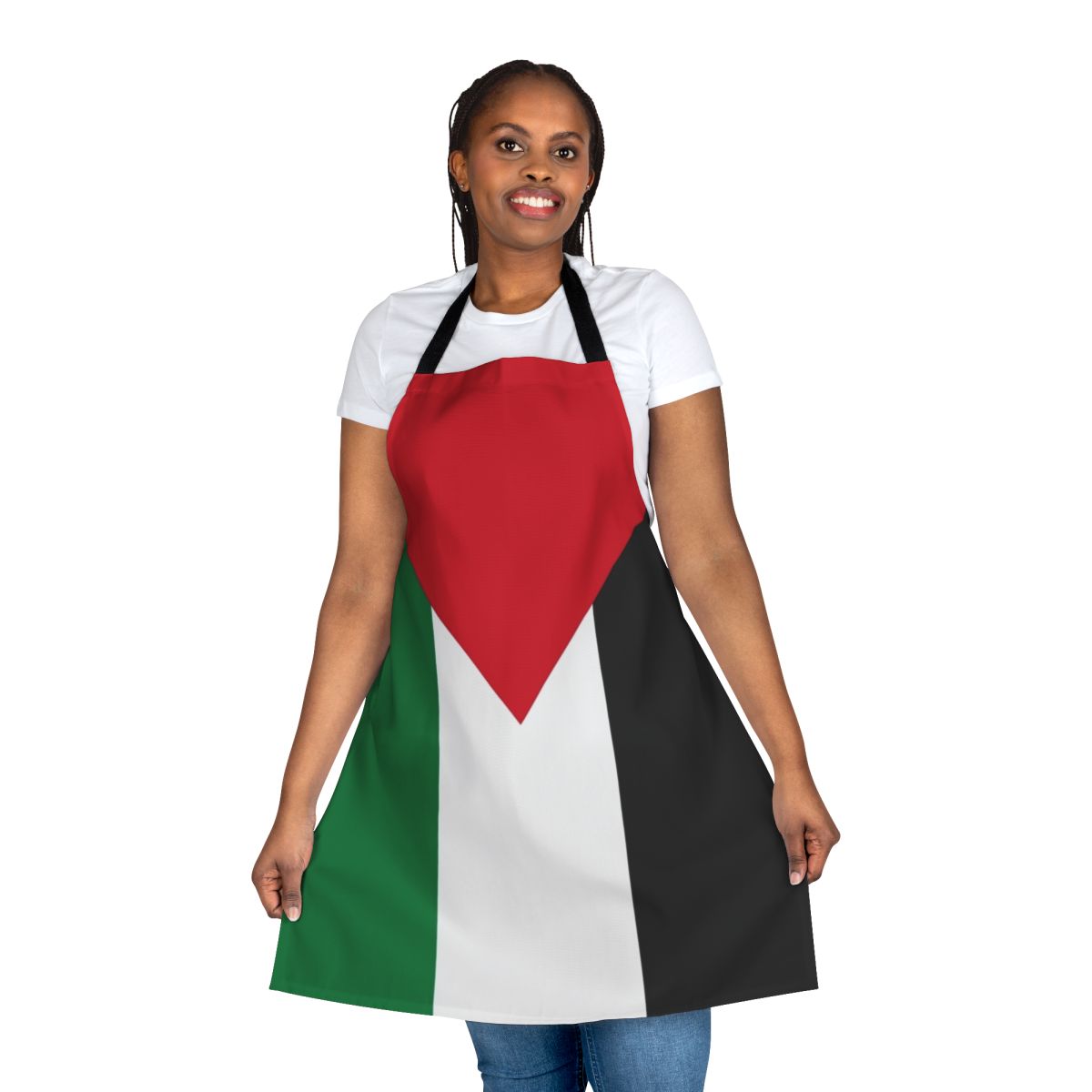 Palestinian-inspired apron featuring the flag of Palestine and a peace sign design