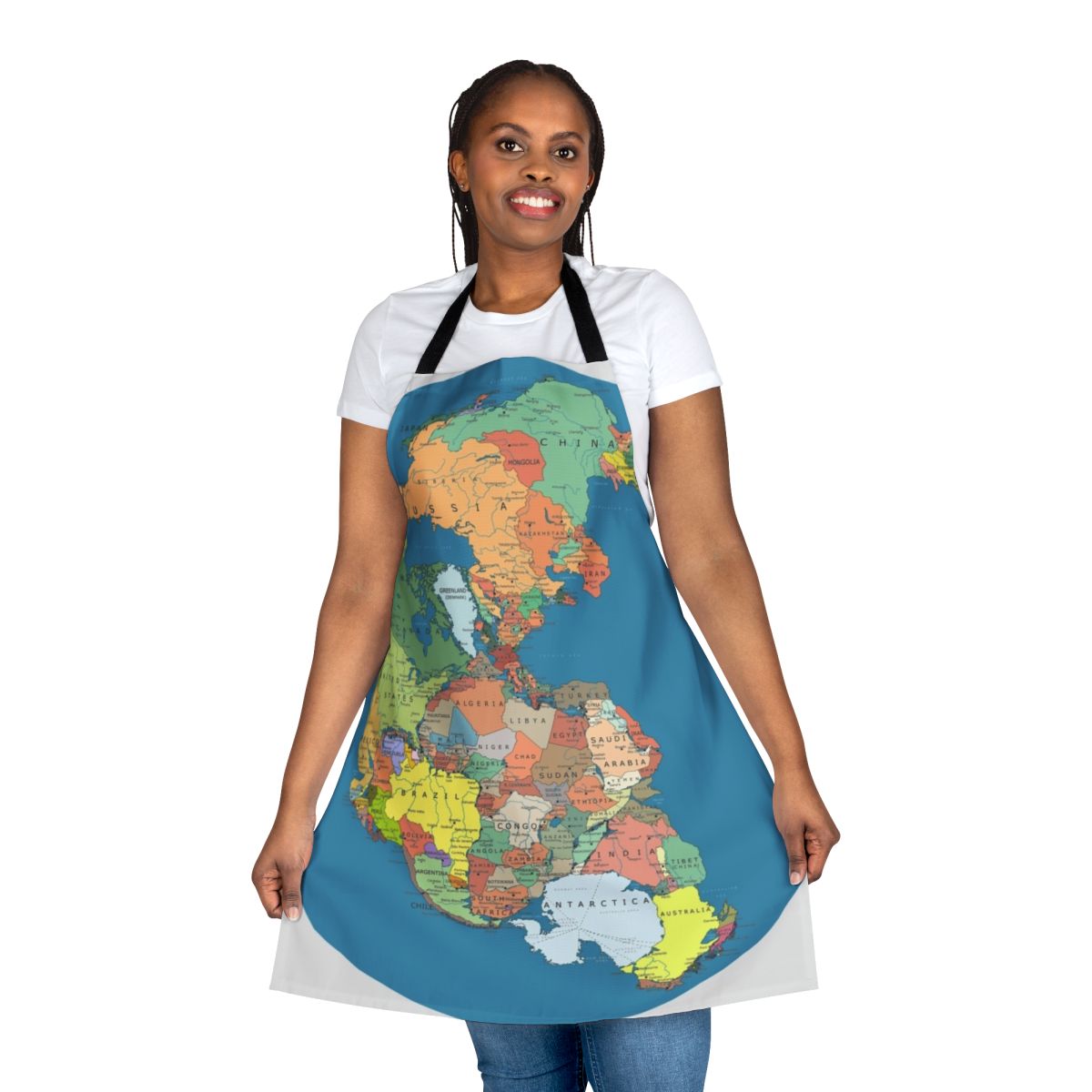 Pangaea-inspired apron with a map design showcasing the ancient supercontinent